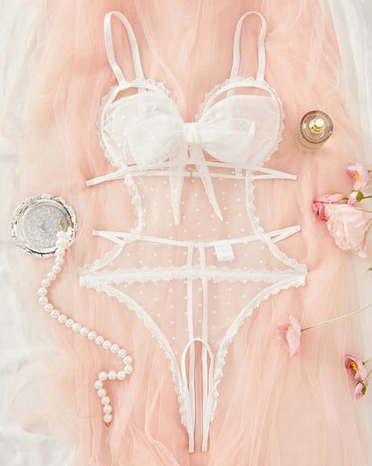 Sexy Floral Lace Bow Tie Open Crotch Hollow Polka Dot Mesh One-Piece Pajamas