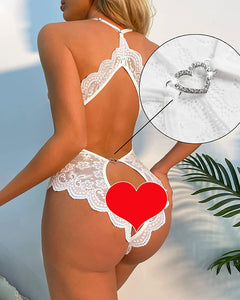 Deep V Sexy Lace Open Crotch Backless Heart Shaped Decoration One-Piece Pajamas