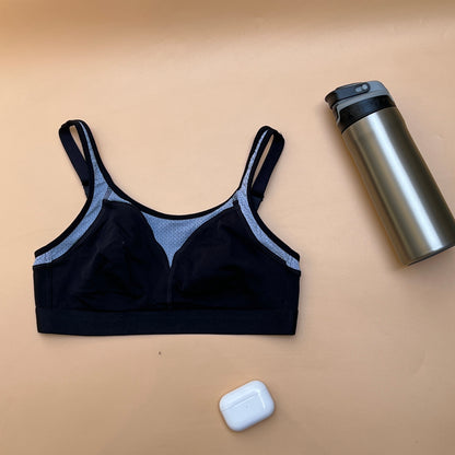 Pack of 3 cotton double layered medium to high impact sports bra-Black